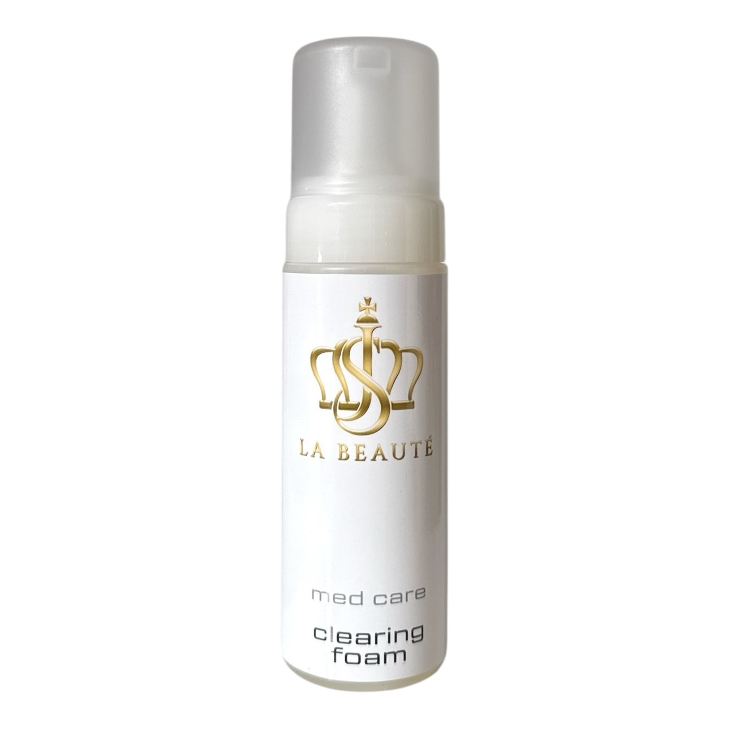Flasche der JS La Beauté Clearing Foam aus der Med Care Serie mit Pumpspender – schlankes Design in Weiß und goldfarbenem Logo.