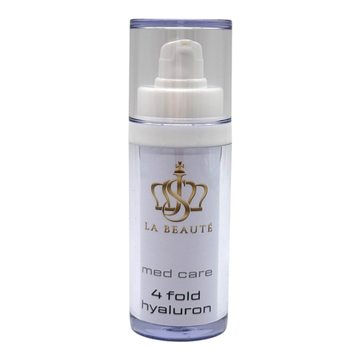 Flasche der JS La Beauté 4fold hyaluron aus der Med Care Serie mit Pumpspender – schlankes Design in Weiß und goldfarbenem Logo.
