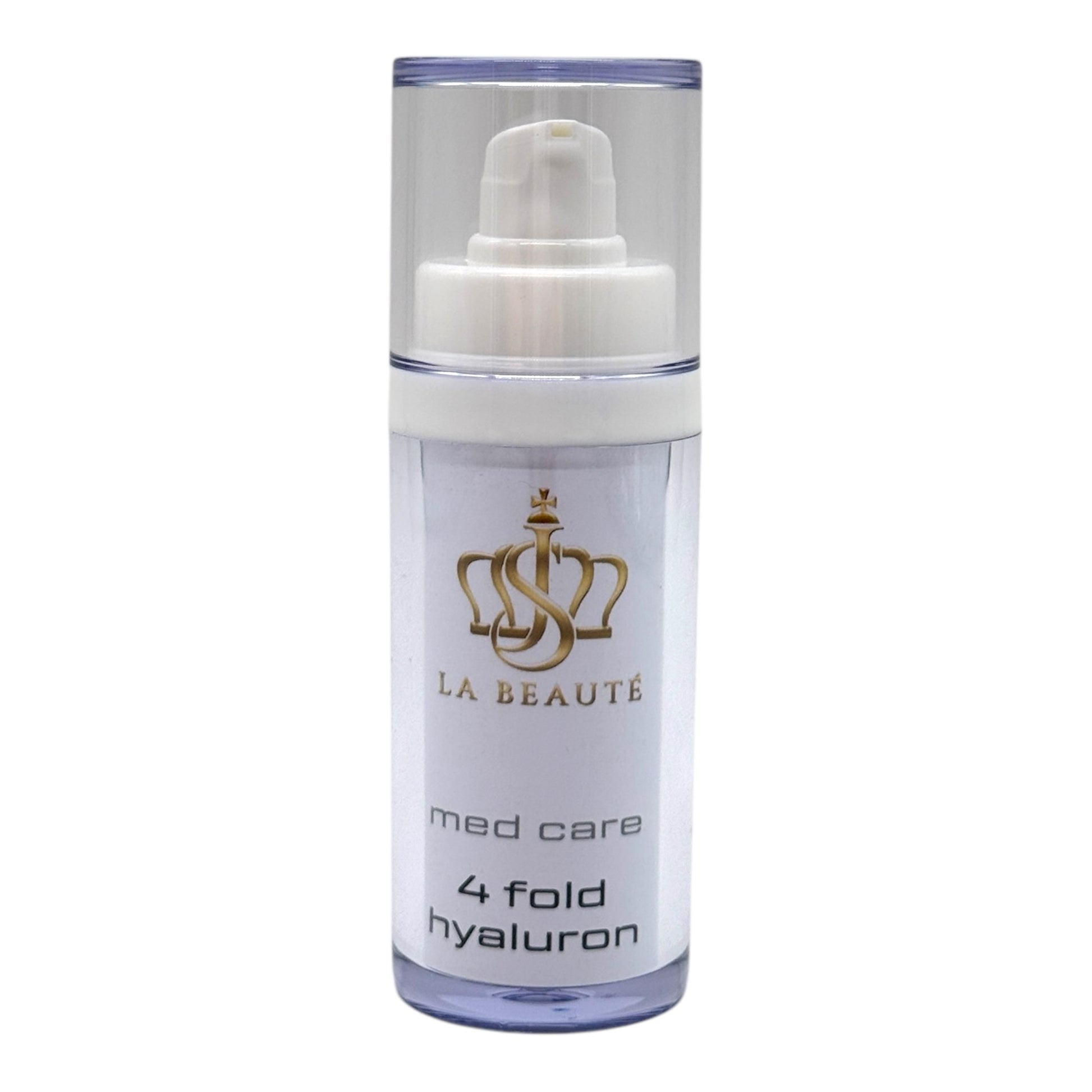 Flasche der JS La Beauté 4fold hyaluron aus der Med Care Serie mit Pumpspender – schlankes Design in Weiß und goldfarbenem Logo.