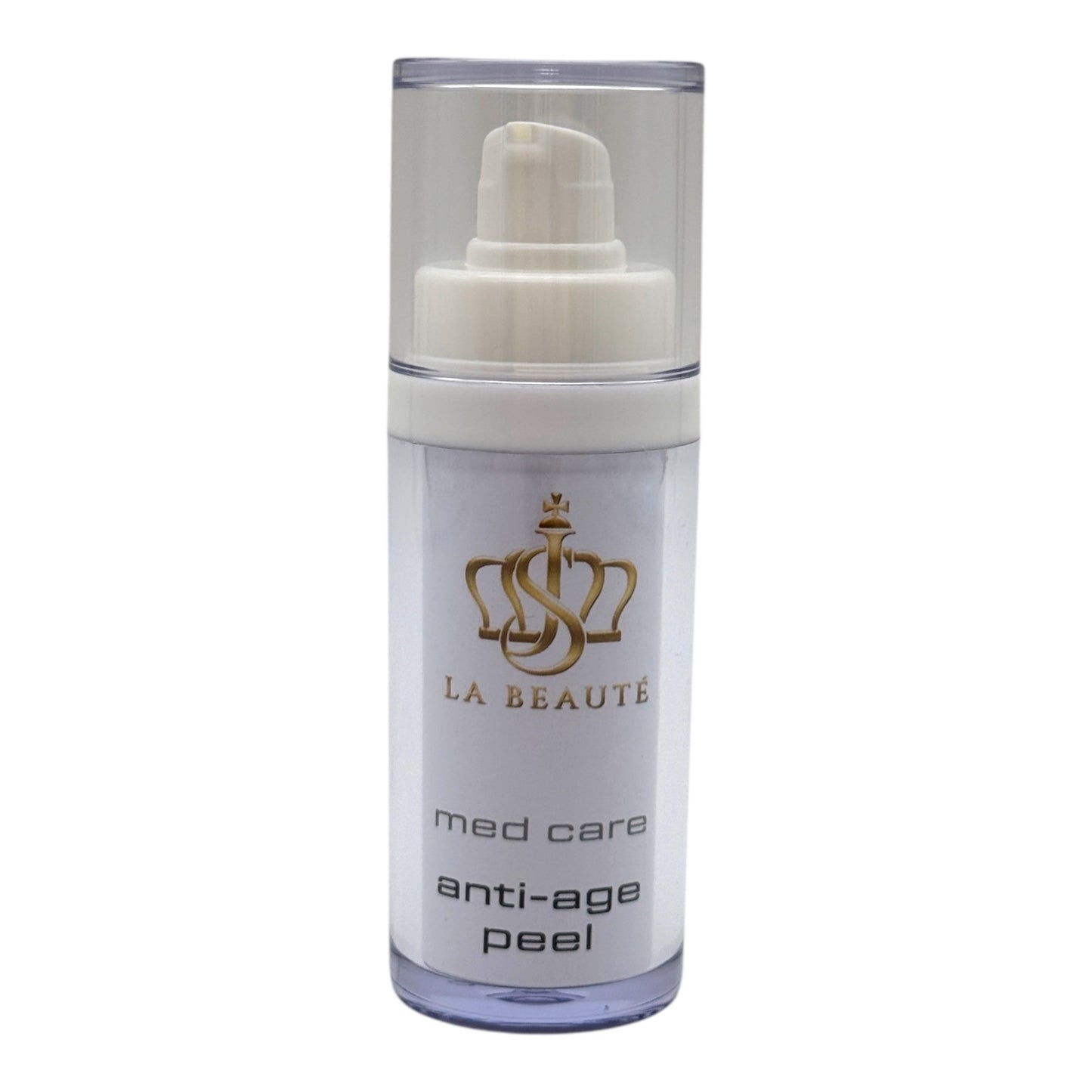 Flasche der JS La Beauté anti-age peel aus der Med Care Serie mit Pumpspender – schlankes Design in Weiß und goldfarbenem Logo.