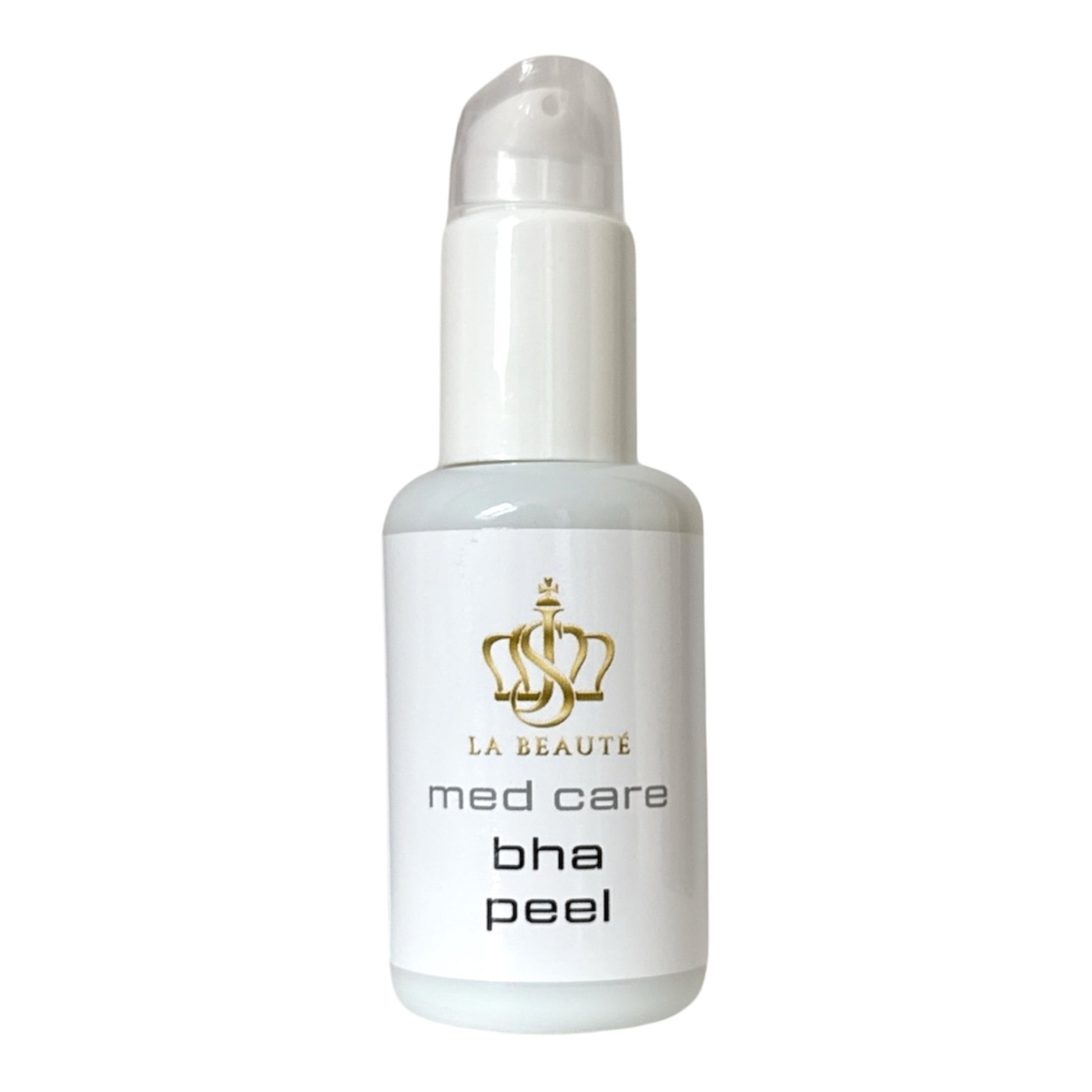 Flasche der JS La Beauté bha peel aus der Med Care Serie mit Pumpspender – schlankes Design in Weiß und goldfarbenem Logo.