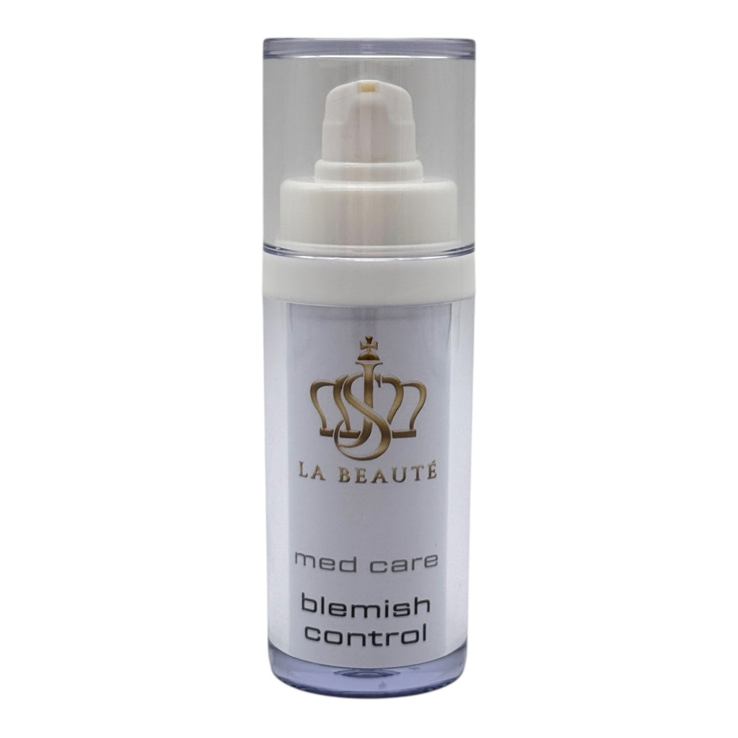 Flasche der JS La Beauté Blemish Control aus der Med Care Serie mit Pumpspender – schlankes Design in Weiß und goldfarbenem Logo.