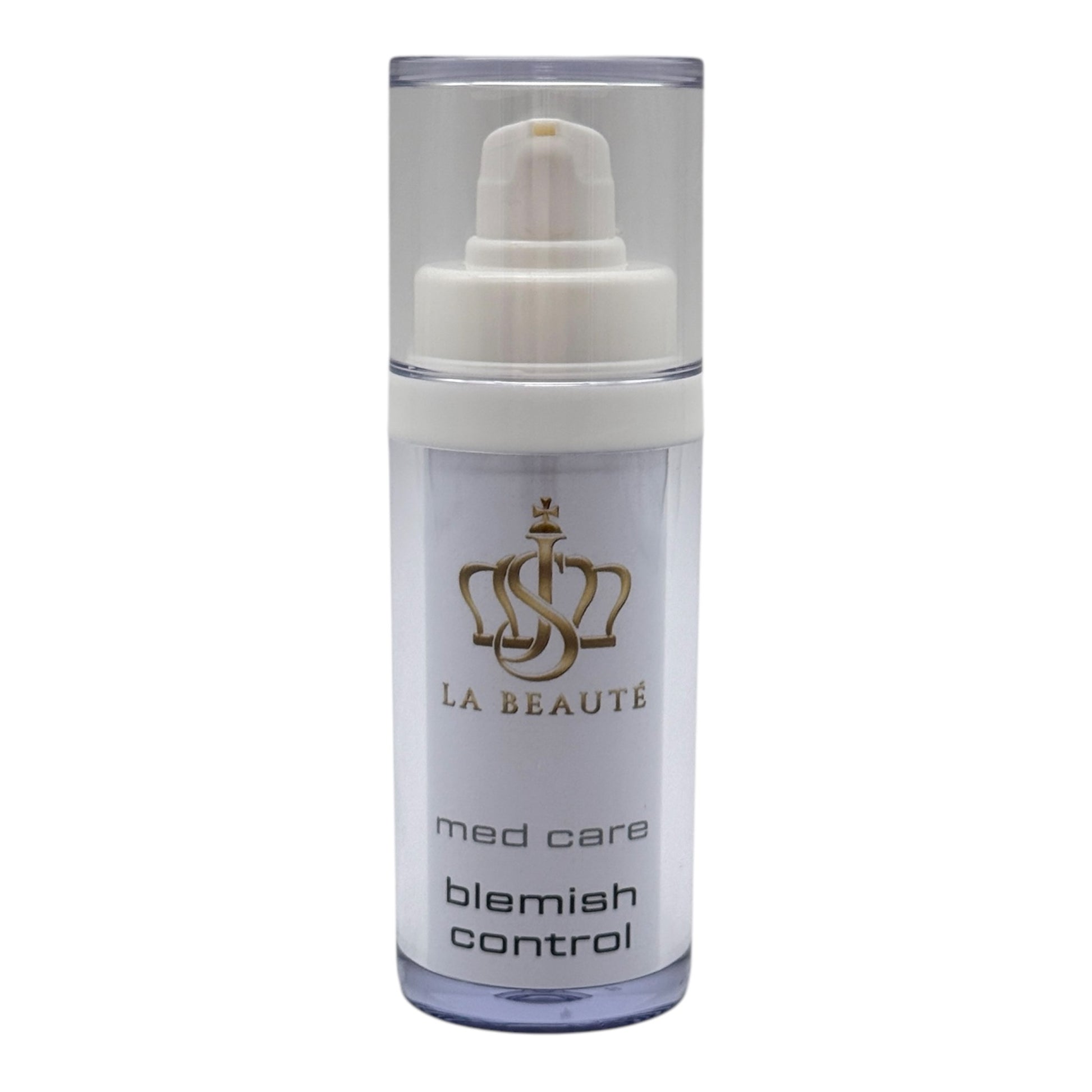 Flasche der JS La Beauté Blemish Control aus der Med Care Serie mit Pumpspender – schlankes Design in Weiß und goldfarbenem Logo.