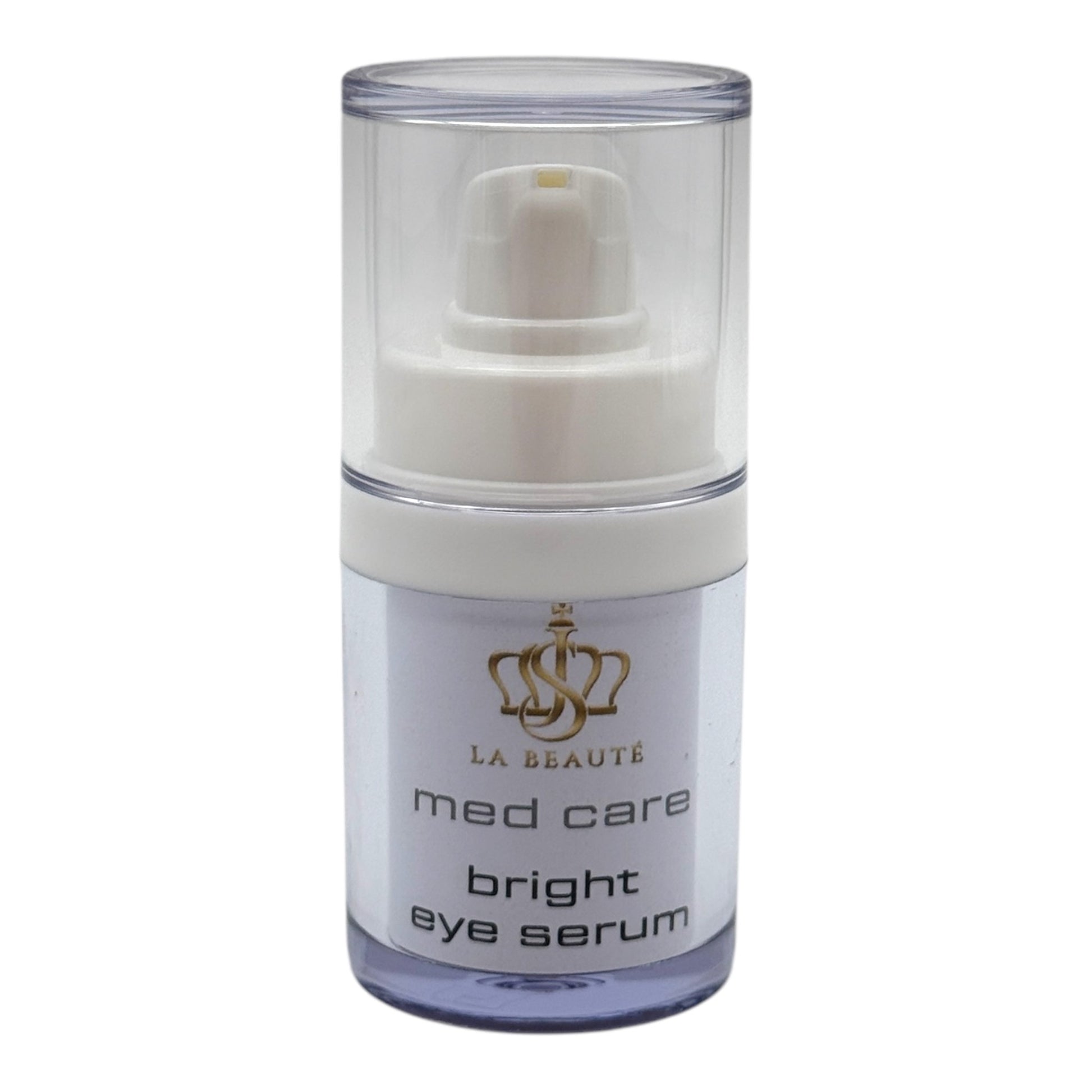 Flasche der JS La Beauté Bright Eye Serum aus der Med Care Serie mit Pumpspender – schlankes Design in Weiß und goldfarbenem Logo.