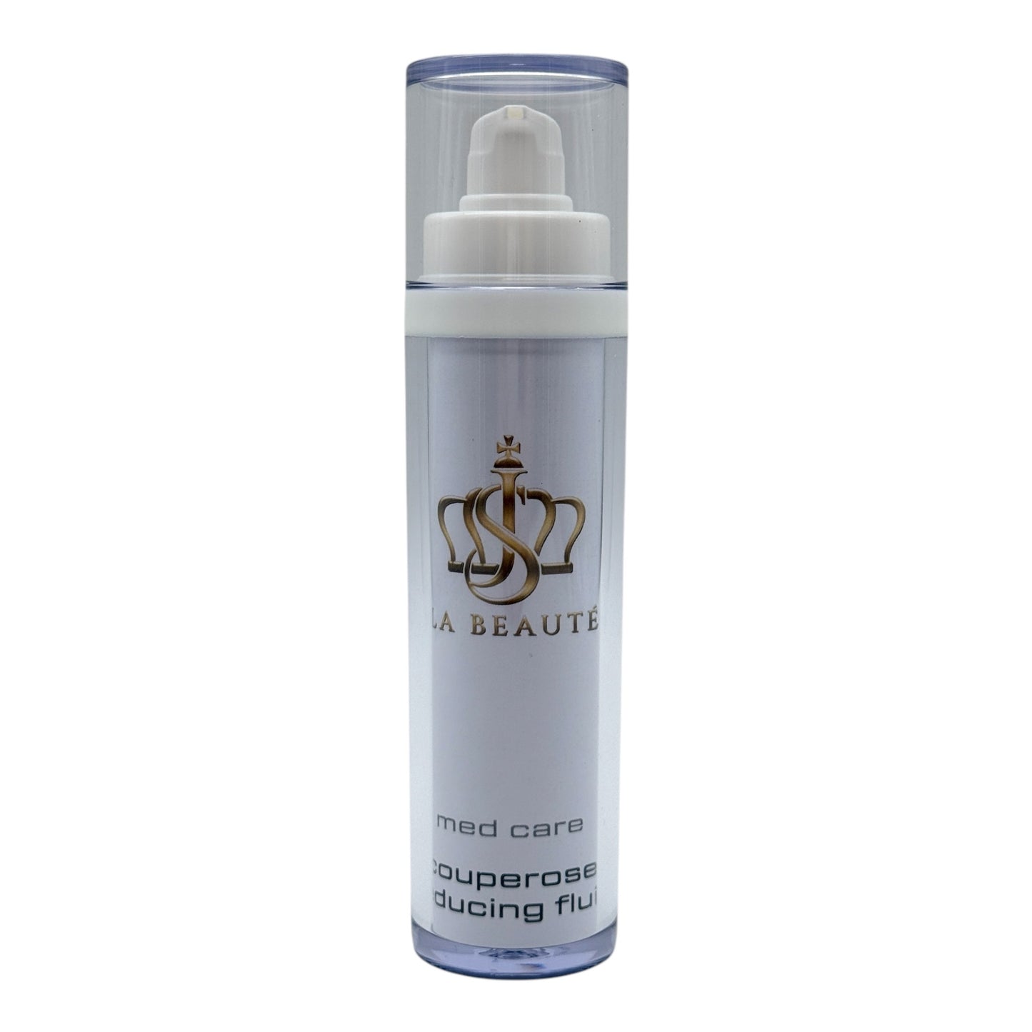 Flasche der JS La Beauté Couperose REducing Fluid aus der Med Care Serie mit Pumpspender – schlankes Design in Weiß und goldfarbenem Logo.
