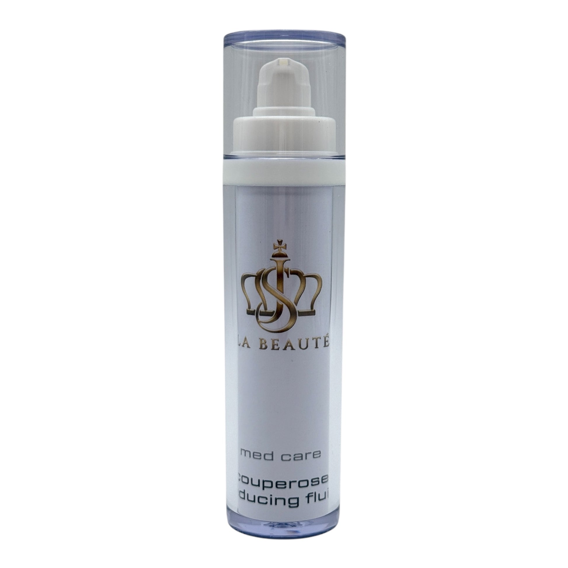Flasche der JS La Beauté Couperose REducing Fluid aus der Med Care Serie mit Pumpspender – schlankes Design in Weiß und goldfarbenem Logo.