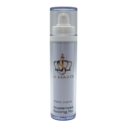 Flasche der JS La Beauté Couperose REducing Fluid aus der Med Care Serie mit Pumpspender – schlankes Design in Weiß und goldfarbenem Logo.