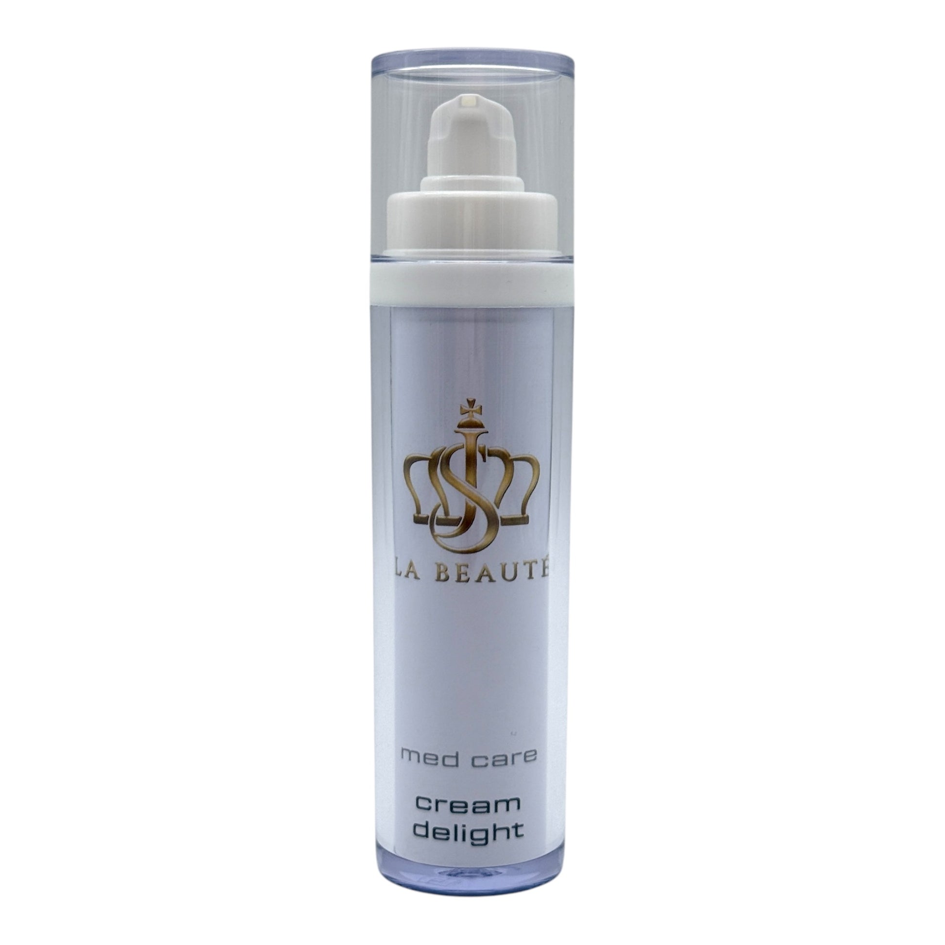Flasche der JS La Beauté Cream Delight aus der Med Care Serie mit Pumpspender – schlankes Design in Weiß und goldfarbenem Logo.