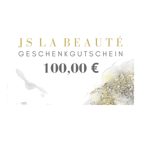 Geschenkgutschein mit Schriftzug JS LA BEAUTÈ in Höhe von 100EUR. Der Hintergrund hat eine weiß graue Marmoroptik mit goldenem Glitzer.