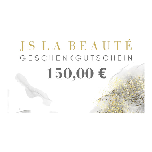 Geschenkgutschein mit Schriftzug JS LA BEAUTÈ in Höhe von 150EUR. Der Hintergrund hat eine weiß graue Marmoroptik mit goldenem Glitzer.