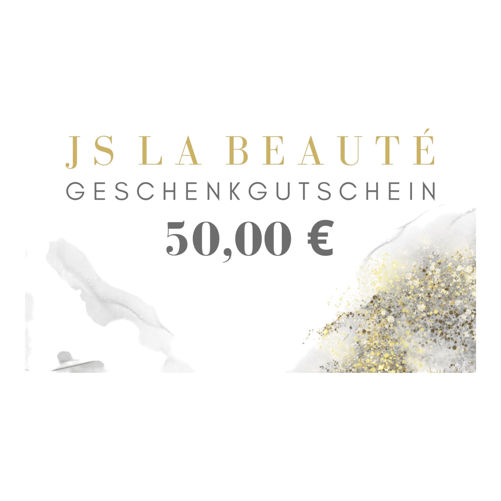 Geschenkgutschein mit Schriftzug JS LA BEAUTÈ in Höhe von 50EUR. Der Hintergrund hat eine weiß graue Marmoroptik mit goldenem Glitzer.
