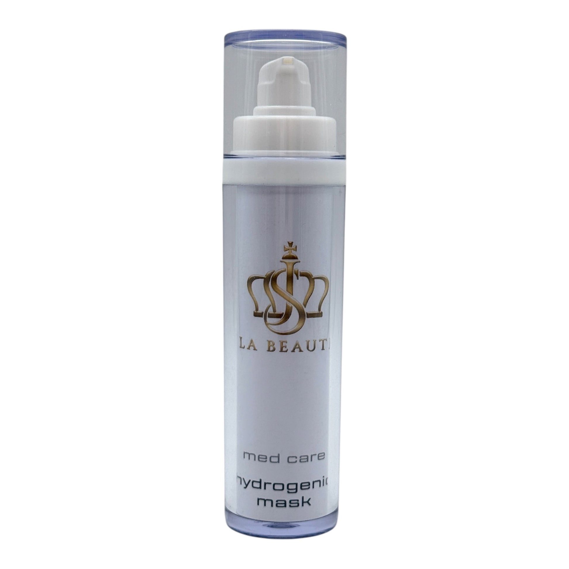 Flasche der JS La Beauté Hydrogenic Mask aus der Med Care Serie mit Pumpspender – schlankes Design in Weiß und goldfarbenem Logo.