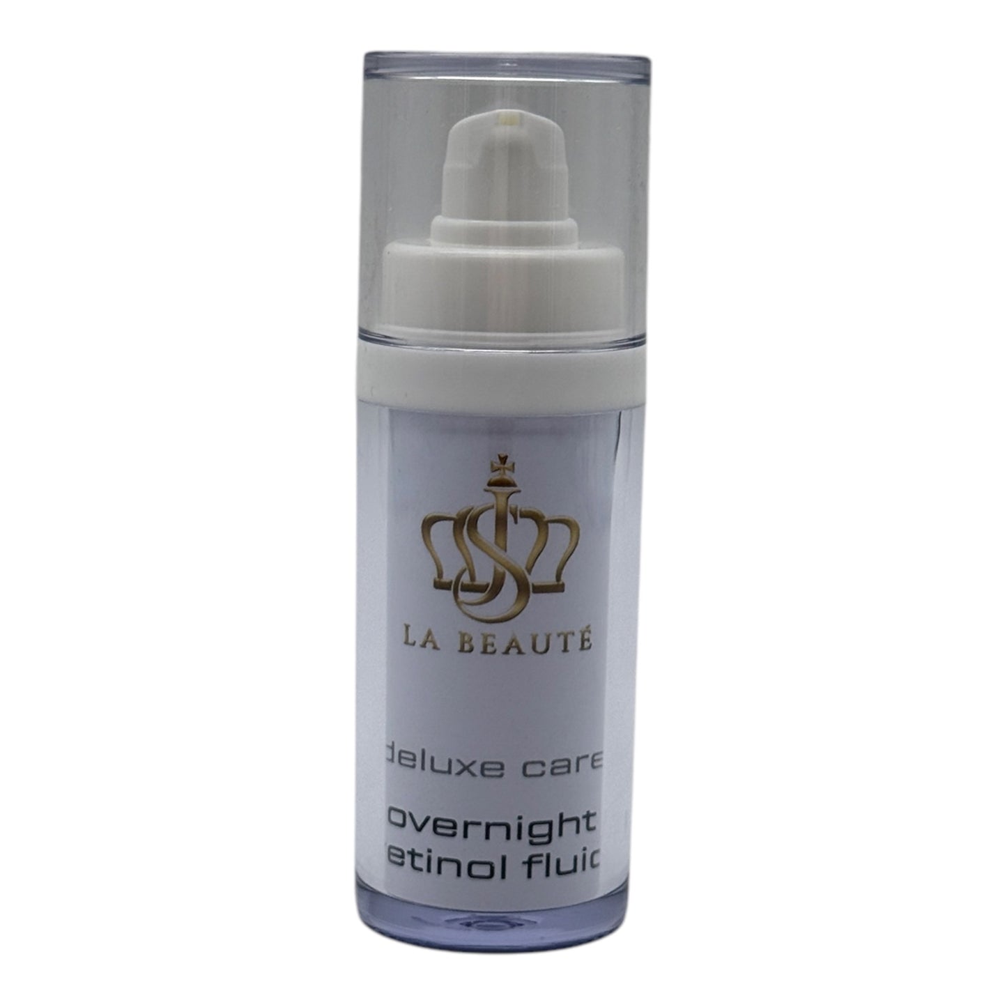 Flasche der JS La Beauté overnight retinol fluid aus der Med Care Serie mit Pumpspender – schlankes Design in Weiß und goldfarbenem Logo.