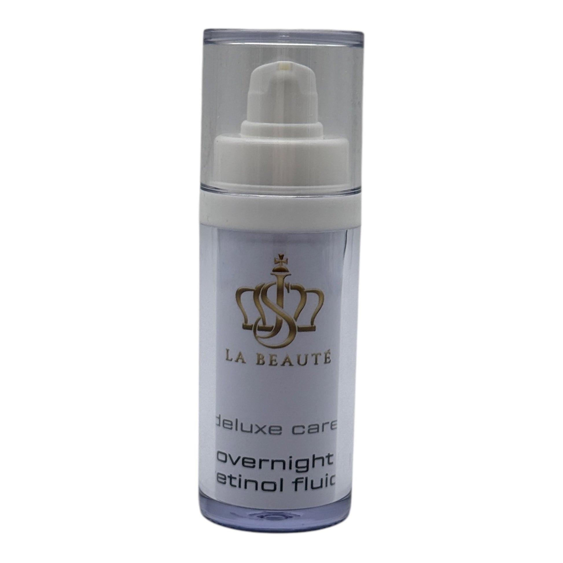 Flasche der JS La Beauté overnight retinol fluid aus der Med Care Serie mit Pumpspender – schlankes Design in Weiß und goldfarbenem Logo.