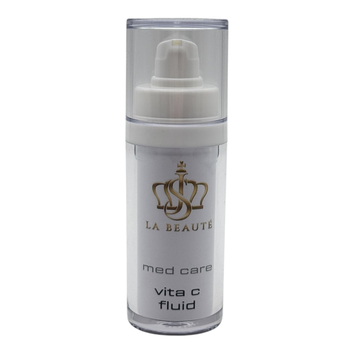 Flasche der JS La Beauté Vita C Fluid aus der Med Care Serie mit Pumpspender – schlankes Design in Weiß und goldfarbenem Logo.