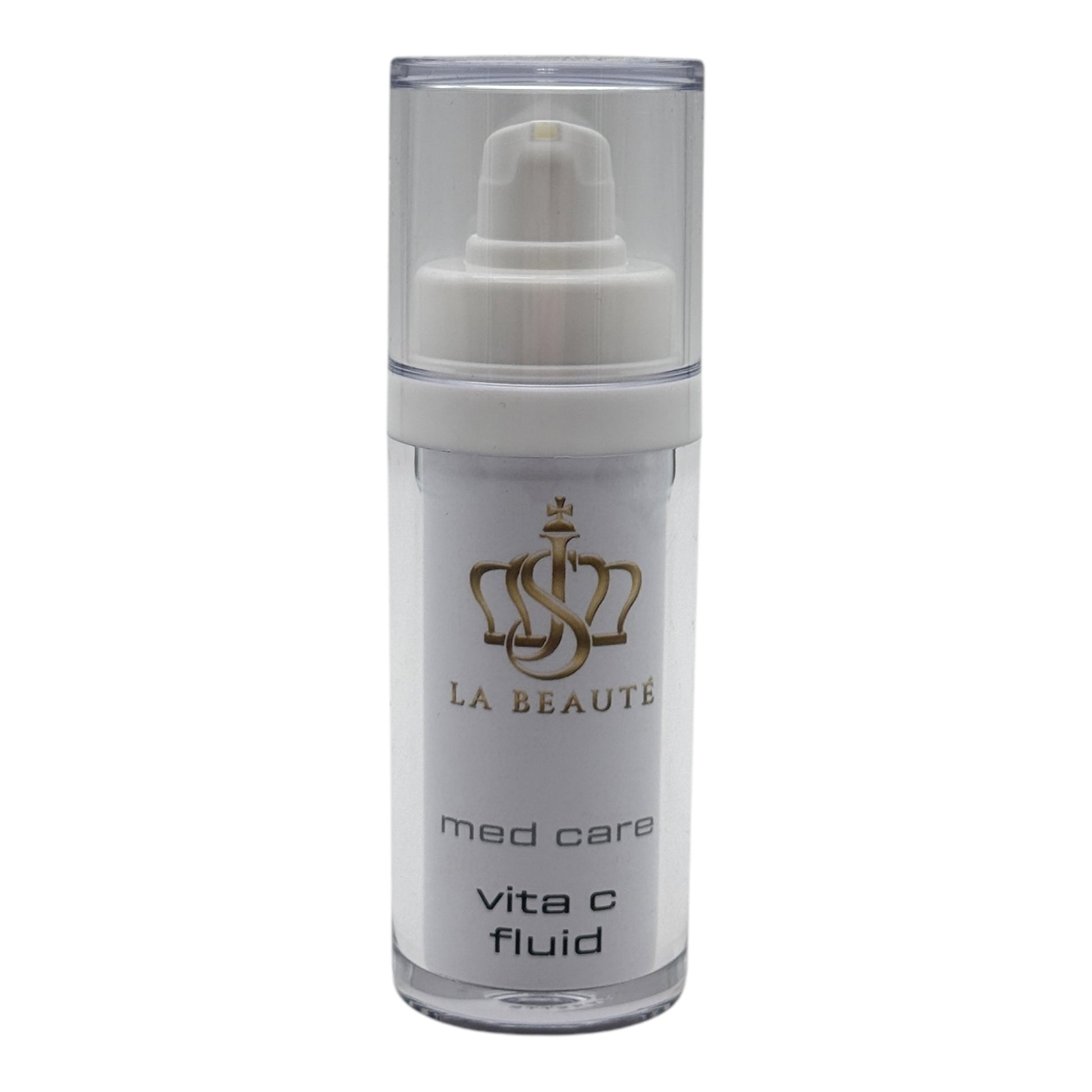 Flasche der JS La Beauté Vita C Fluid aus der Med Care Serie mit Pumpspender – schlankes Design in Weiß und goldfarbenem Logo.
