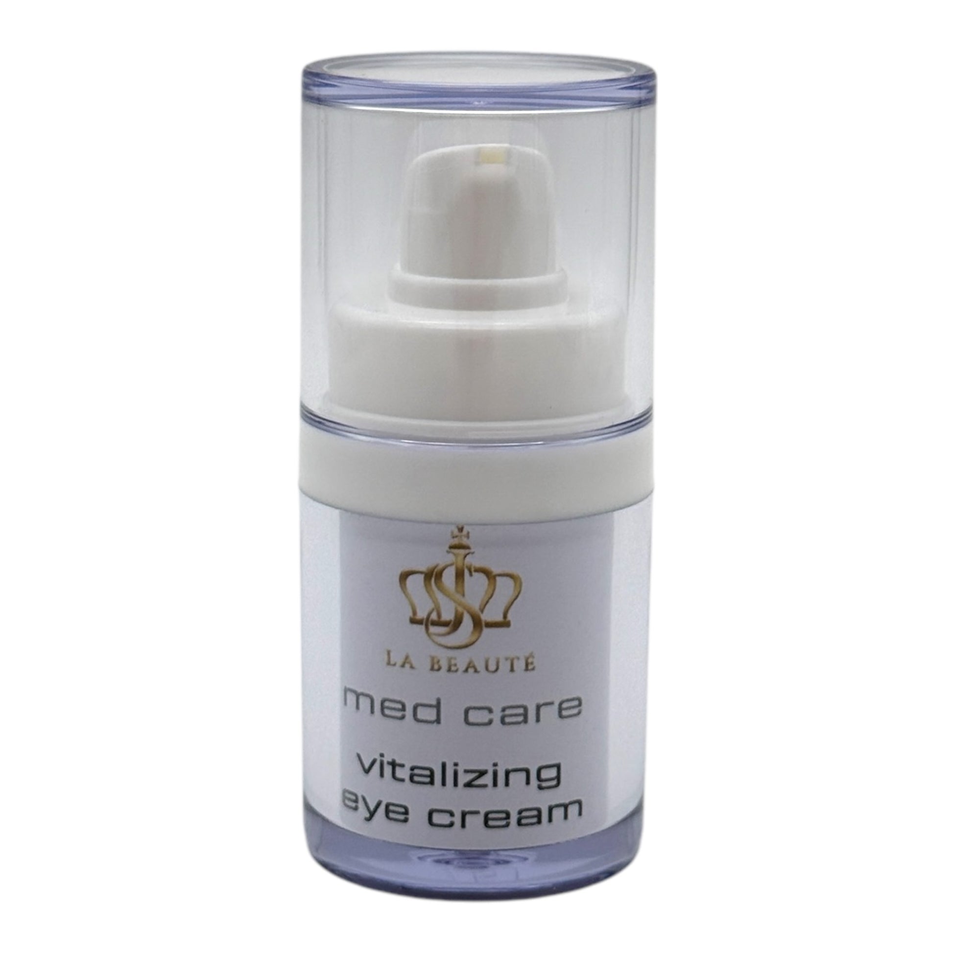 Flasche der JS La Beauté Vitalizing Eye Cream aus der Med Care Serie mit Pumpspender – schlankes Design in Weiß und goldfarbenem Logo.