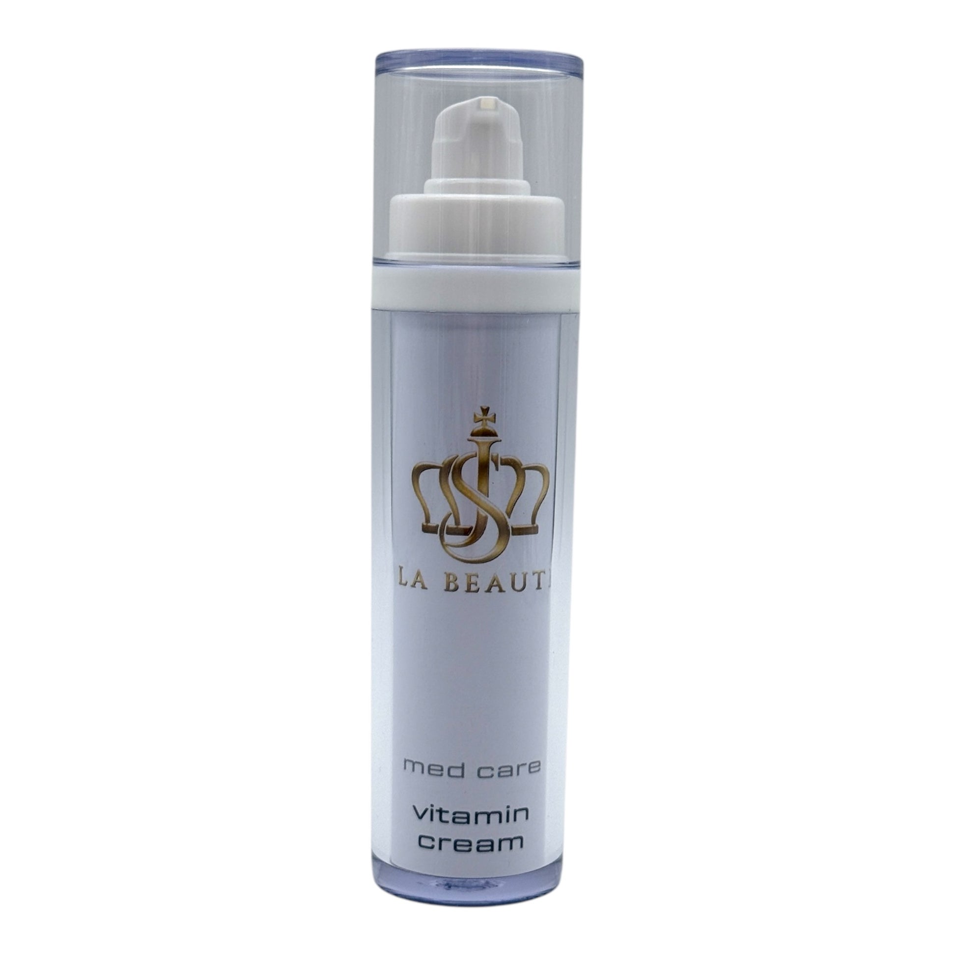 Flasche der JS La Beauté Vitamin Cream aus der Med Care Serie mit Pumpspender – schlankes Design in Weiß mit goldfarbenem Logo.