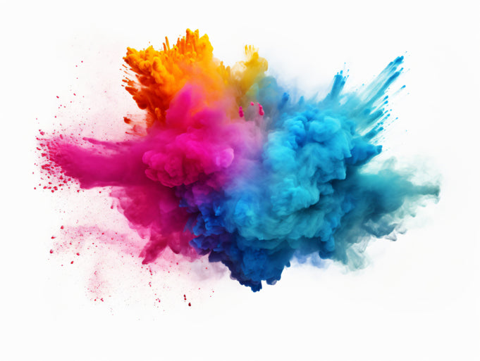 Farbexplosion von pink, blau und orange im weißen Hintergrund